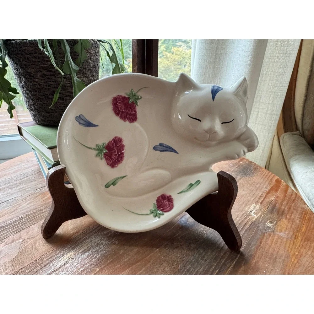 Lenox Poppies on Blue Sleeping Cat Trinket Dish Porcelain Floral White Red Blue